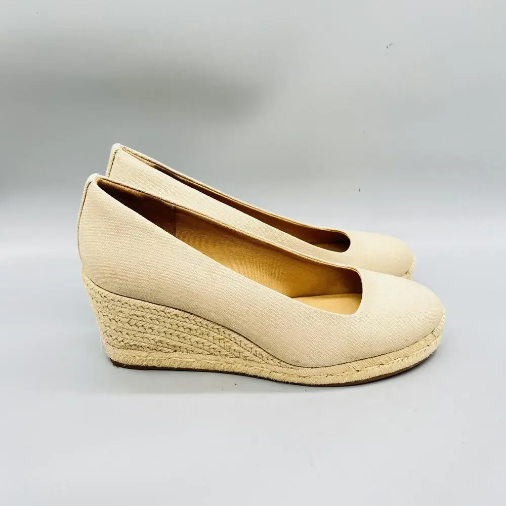 J Crew Shoes Womens 8.5 Beige Cotton Espadrille Wedge Heels Round Toe Slip On